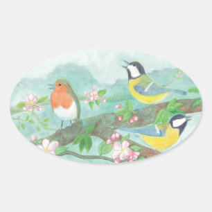 Sticker Ovale Oiseaux chantant sur une branche d'arbre en fleurs
