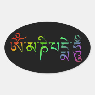 Sticker Ovale Om Mani Padme Hum Mantra Tibétain Arc-en-ciel