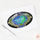 STICKER OVALE OPAL VERT BLEU, MONOGRAMME D'OEUVRE D'OR ART NOUVE (Enveloppe)