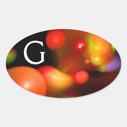 STICKER OVALE ORANGE ROUGE JAUNE FRACTAL NOIR BUBBLES MONOGRAMME (Devant)
