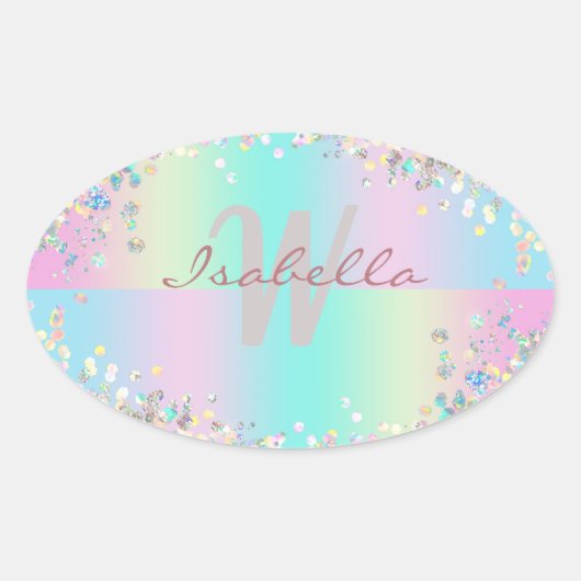 Sticker Ovale Paillettes holographiques de licorne (Devant)