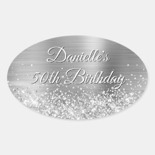 Sticker Ovale Papier Aluminium Argent Pailleté 50e Anniversaire