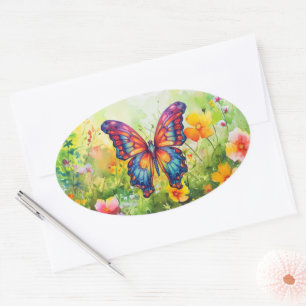 Sticker Ovale Papillon Bleu Orange ailes