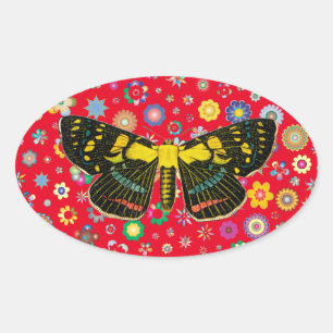 Sticker Ovale papillon fleurs nature faune art rouge