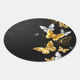 Sticker Ovale Papillons d'or et de blanc