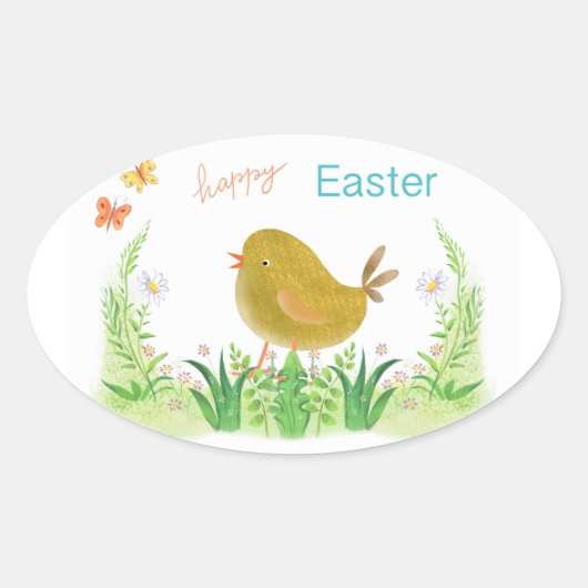 Sticker Ovale Pâques joyeuses, poulet et fleurs (Devant)