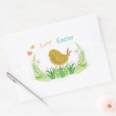 Sticker Ovale Pâques joyeuses, poulet et fleurs (Enveloppe)