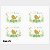 Sticker Ovale Pâques joyeuses, poulet et fleurs (Feuille)
