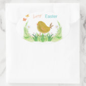 Sticker Ovale Pâques joyeuses, poulet et fleurs (Sac)