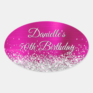 Sticker Ovale Parties scintillant d'argent Pink Hot Foil 50e ann
