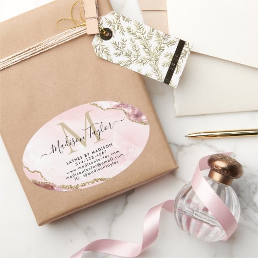 Sticker Ovale Parties scintillant en or rose pâle Agate Monogram (Cadeaux)