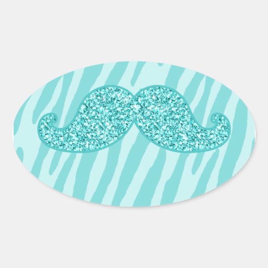 Sticker Ovale Parties scintillant TURQUOISE FILLE MUSTACHE ZEBRA (Devant)