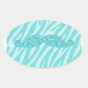 Sticker Ovale Parties scintillant TURQUOISE FILLE MUSTACHE ZEBRA