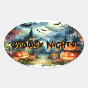 Sticker Ovale Paysage d'Halloween éffrayant et magnifique Aquare