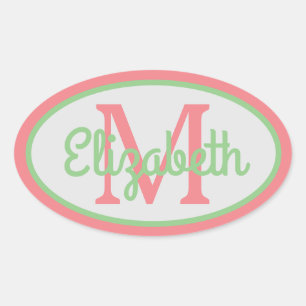 Sticker Ovale Peach Preppy et Monogramme vert Sage