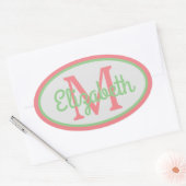Sticker Ovale Peach Preppy et Monogramme vert Sage (Enveloppe)