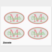 Sticker Ovale Peach Preppy et Monogramme vert Sage (Feuille)