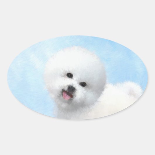 Sticker Ovale Peinture Bichon Frise - Cute Original Chien Art (Devant)
