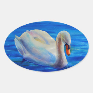 Sticker Ovale Peinture d'aquarelle de cygne blanc, sauvagine, oi