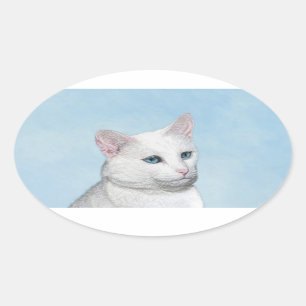 Sticker Ovale Peinture de chat blanc - Cute Original Cat Art