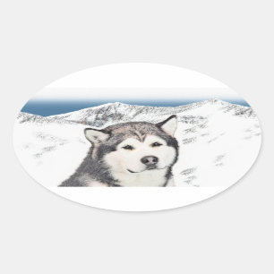 Sticker Ovale Peinture de malamut en Alaska - jolie art original