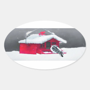 Sticker Ovale Peinture Downy Woodpecker - Art original pour oise