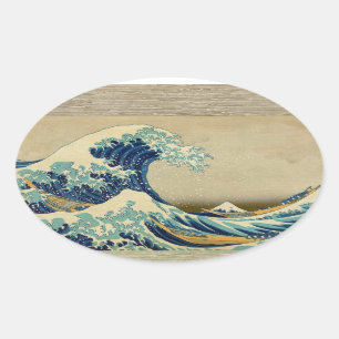 Sticker Ovale Peinture japonaise vintage de grande vague