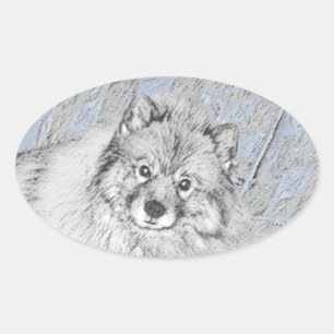 Sticker Ovale Peinture Keeshond Beth - Joli art original chien
