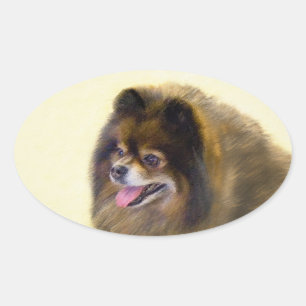 Sticker Ovale Peinture Poméranienne Noir et Tan Art Chien origin