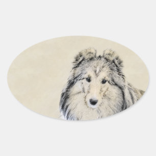 Sticker Ovale Peinture Shetland Sheepdog - Jolie art original ch