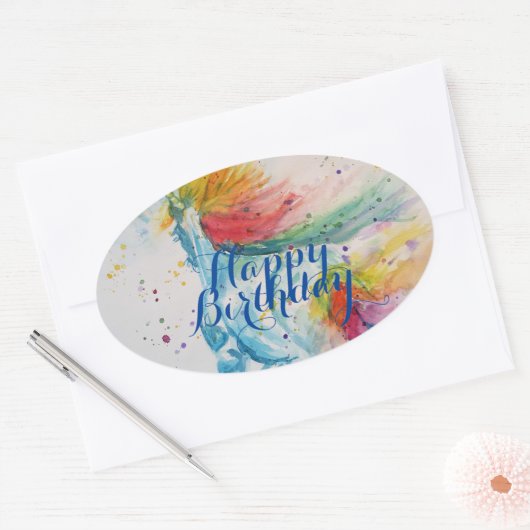 Sticker Ovale Peinture Unicorne Joyeuse aquarelle d'anniversaire (Enveloppe)
