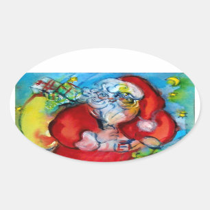 STICKER OVALE PÈRE NOËL AVEC LANTERNE DANS LA NUIT DE NOËL