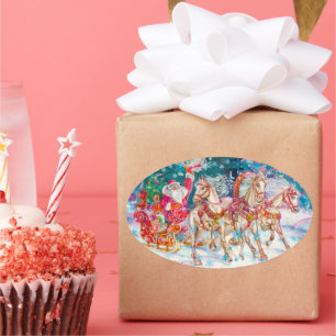 Sticker Ovale Père Noël Magique Cheval Sleigh Neige Nuit de Noël