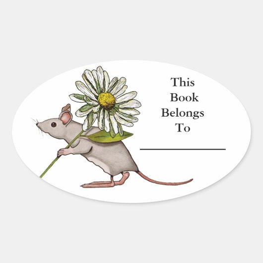Sticker Ovale Petite Souris Avec Fleur Grosse Faisée : Plaque De (Devant)