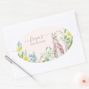 Sticker Ovale Pierre le lapin Printemps fleurit Baby shower rose
