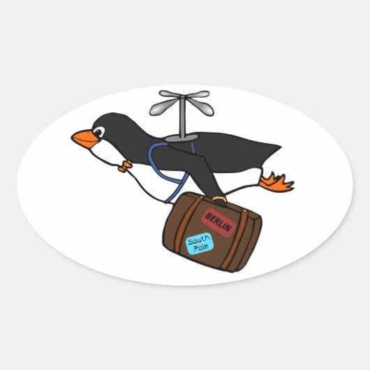 Sticker Ovale Pingouin d'hélicoptère volant avec valise (Devant)