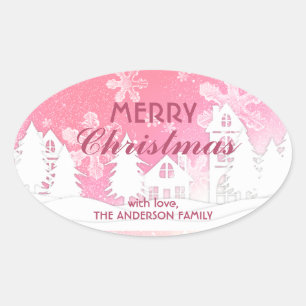 Sticker Ovale Pink White House Snowflakes Noël Bonne année