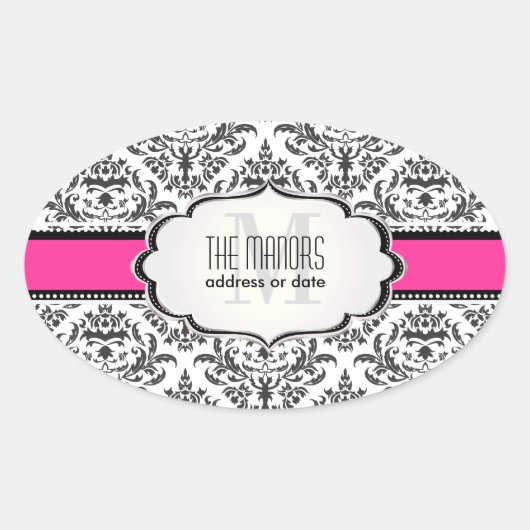 Sticker Ovale PixDezines Black+White Céline Damask/Couleur DIY (Devant)