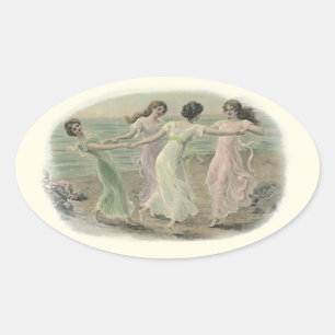 Sticker Ovale Plage vintage de jeu de filles d'amies de bff