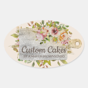 Sticker Ovale Planche Boucher Boulangerie Cuisine Floral Or