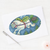 STICKER OVALE PONY PULLING PINECONE SLEIGH DE NOËL VOLANT (Enveloppe)