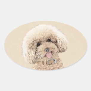 Sticker Ovale Poodle Miniature Toy Apricot Crème Chien Brown Art