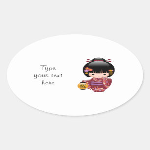 Sticker Ovale Poupée de Sakura Kokeshi - fille de geisha sur le