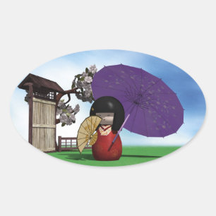 Sticker Ovale Poupée Kokeshi Japonaise Art Cerisier en Fleur