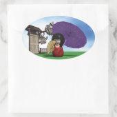 Sticker Ovale Poupée Kokeshi Japonaise Art Cerisier en Fleur (Sac)