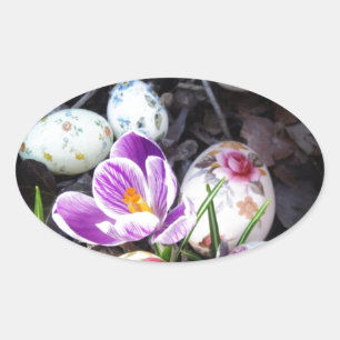 Sticker Ovale Purple Crocus et Floral Easter Eggs