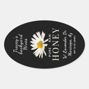 Sticker Ovale Queenline Jar White Daisy Flower Black Oval Étique