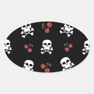 Sticker Ovale RAB Rockabilly Skuls et Cerises sur Noir