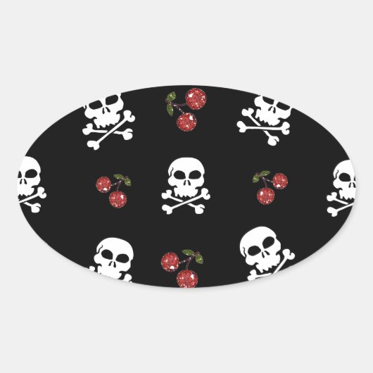 Sticker Ovale RAB Rockabilly Skuls et Cerises sur Noir (Devant)