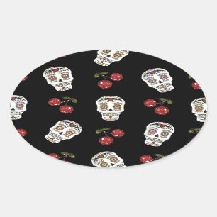 Sticker Ovale RAB Rockabilly Sugar Skulls Cerises Sur Fond Noir